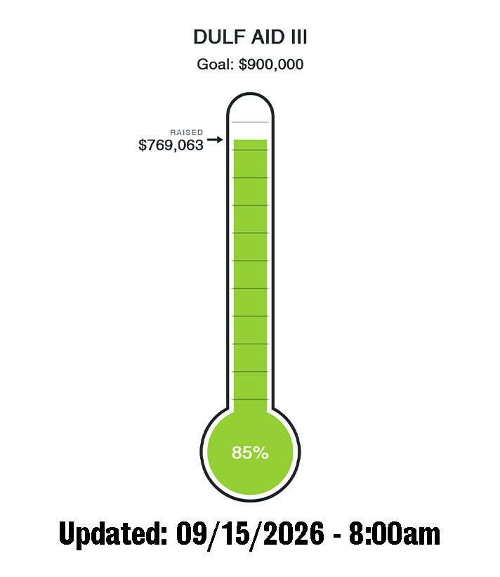 DULF AID III fundraising thermometer indicating a goal of $900,000, with $769,063 raised, reflecting 85% of the target. Updated on September 15, 2026, at 8:00 am.